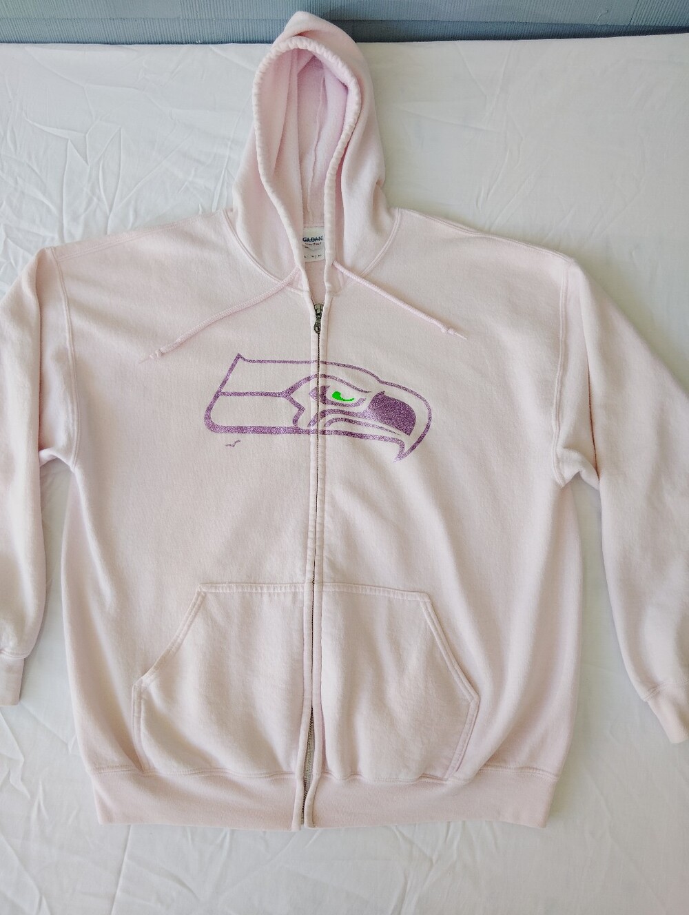 Seattle Seahawks Zip-Up Hoodie with Purple/Pink Seahawk and Green Eye Glitter XL